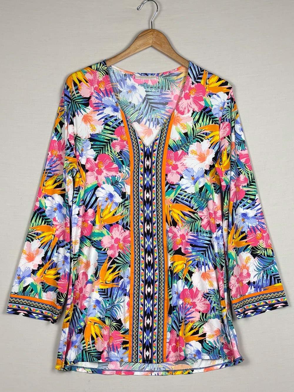 La Blanca Tropical Floral Tunic Swim Cover Up Beach Resort Top V Neck L